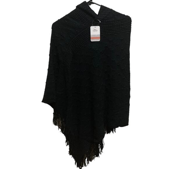 Bon Voyage Black Asymmetrical Fringe Hooded Poncho Sweater Small NWT - Picture 1 of 6
